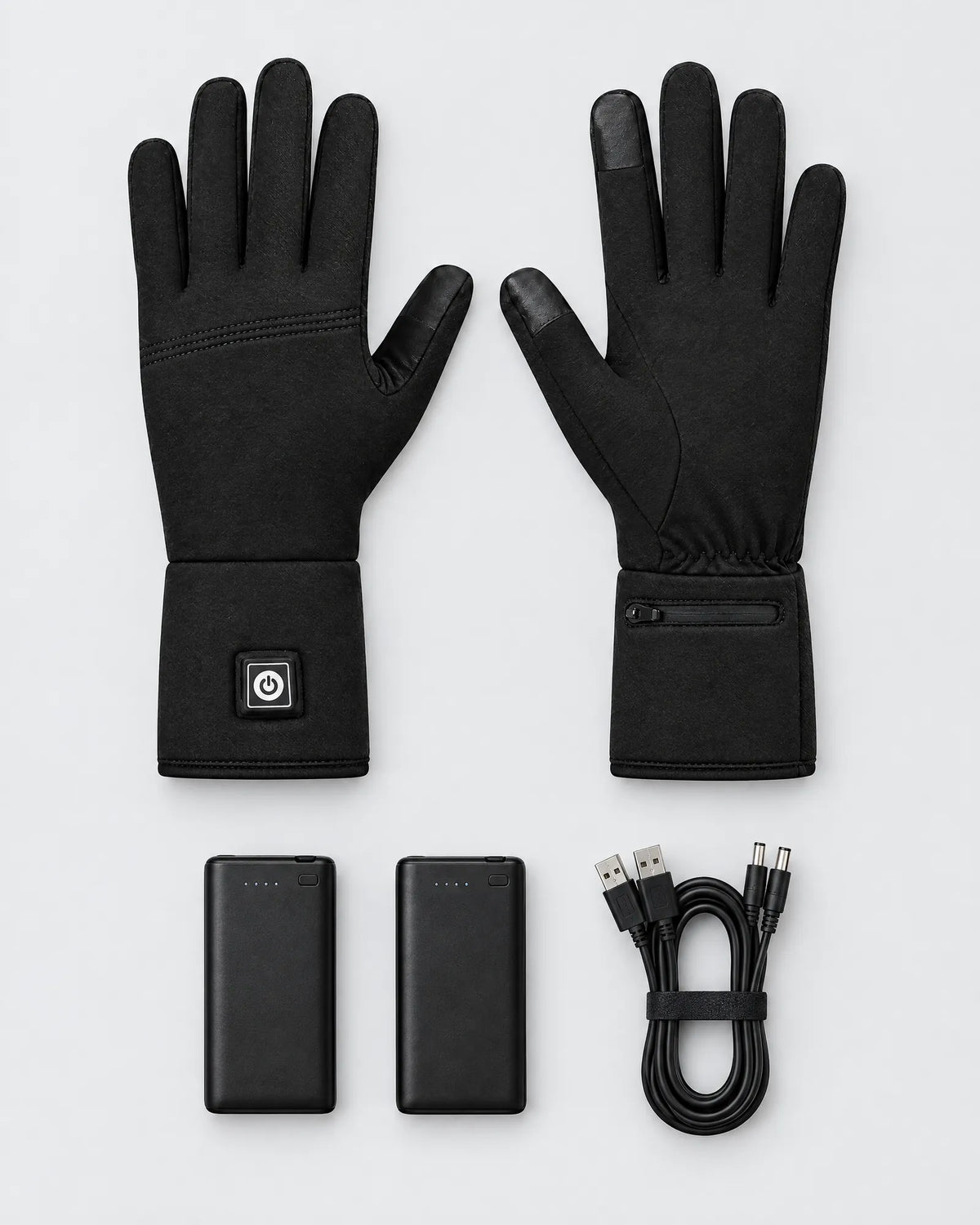 Belay heated gloves with two batteries and the charging cable