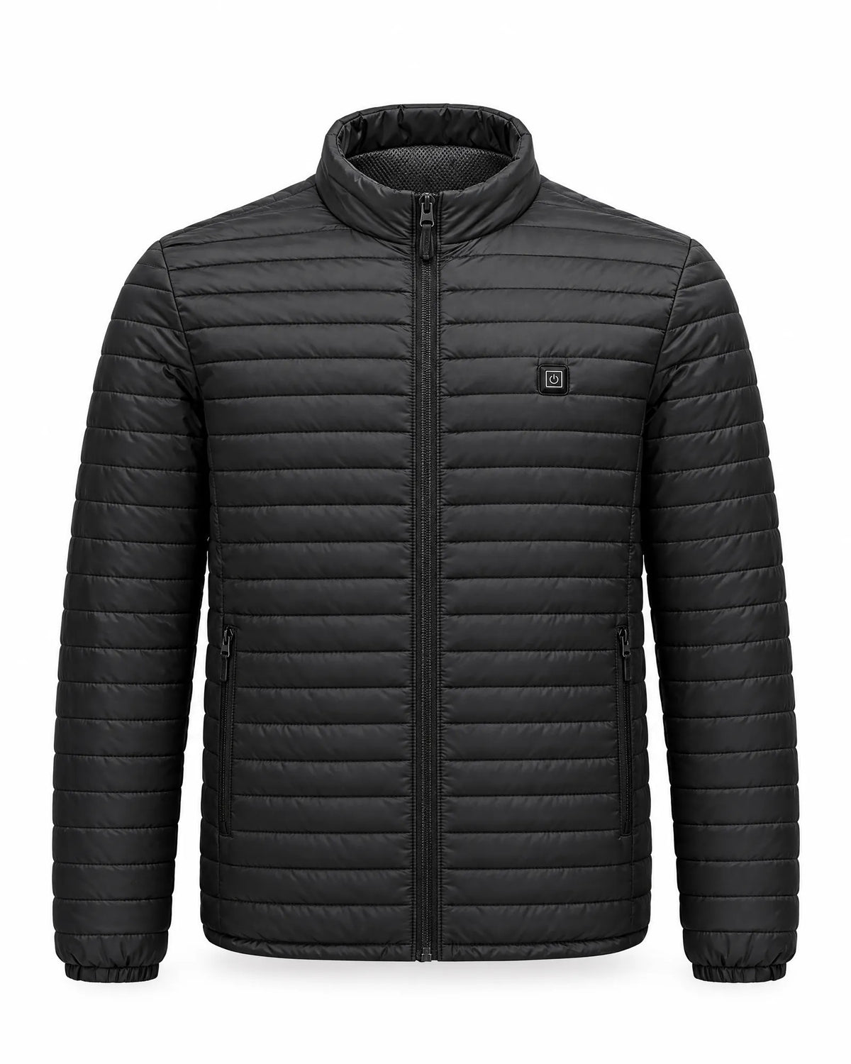 Basecamp heated jacket in black, front view on white