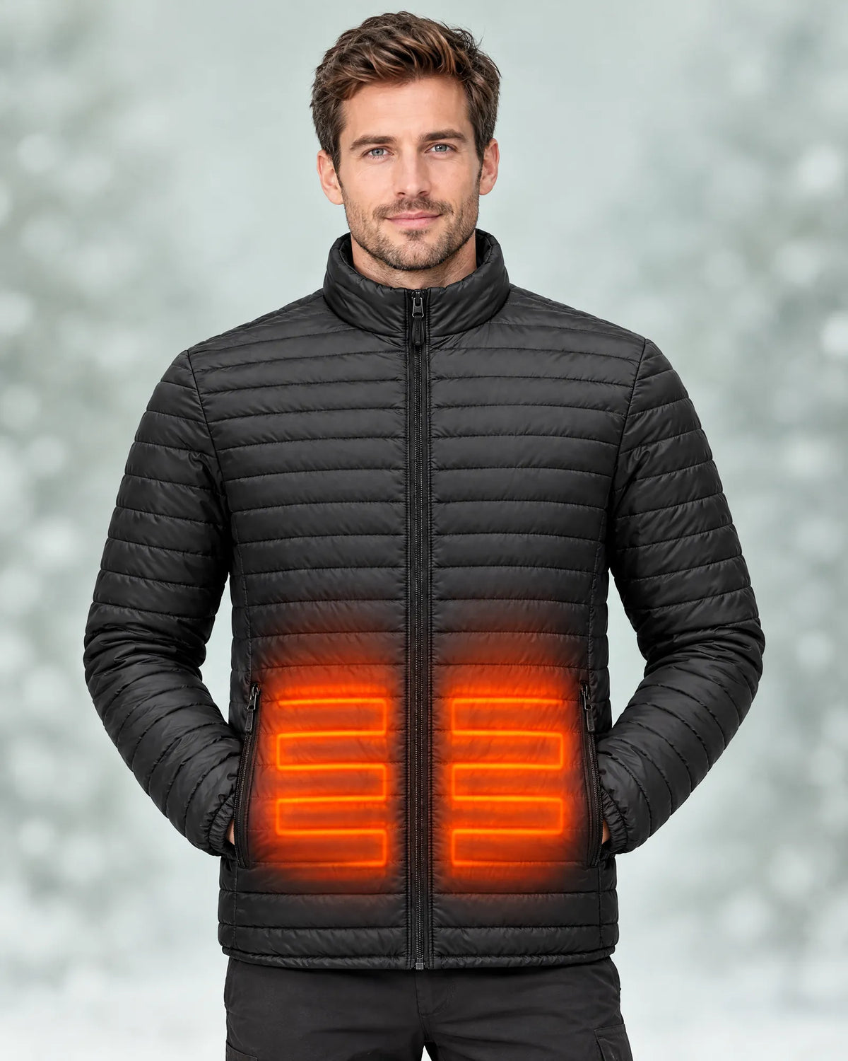 Man wearing the Basecamp heated jacket with the pocket heat zones switched on