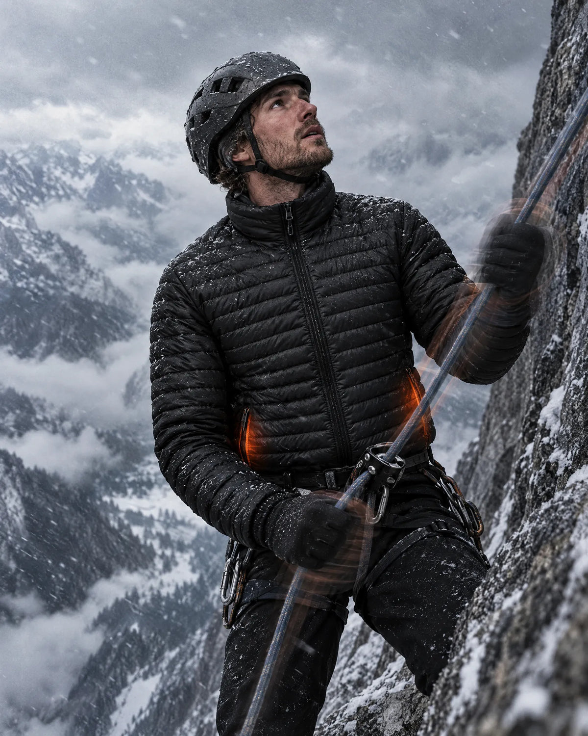 Climber belaying in blowing snow wearing the Basecamp heated jacket and Belay gloves