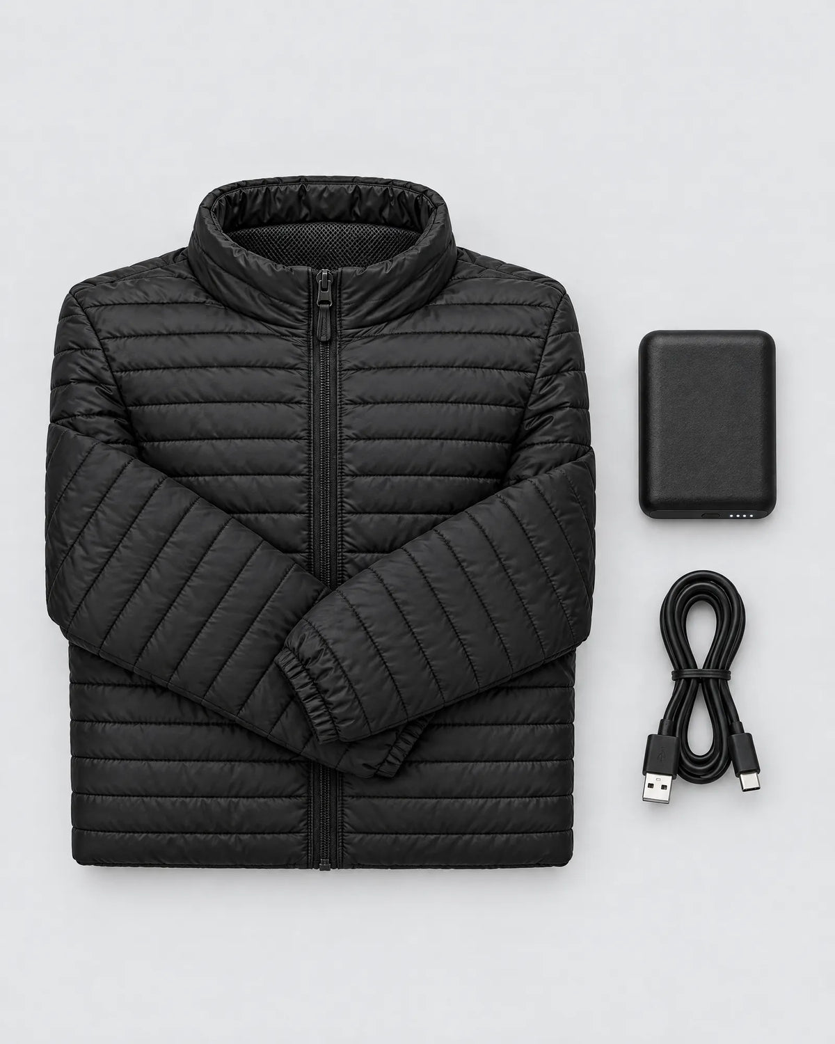 Basecamp jacket with its power bank and charging cable