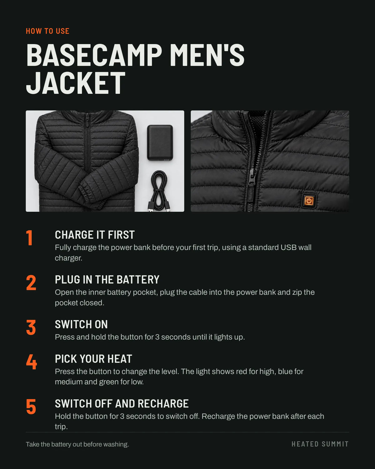 How to use the Basecamp men's heated jacket in five steps