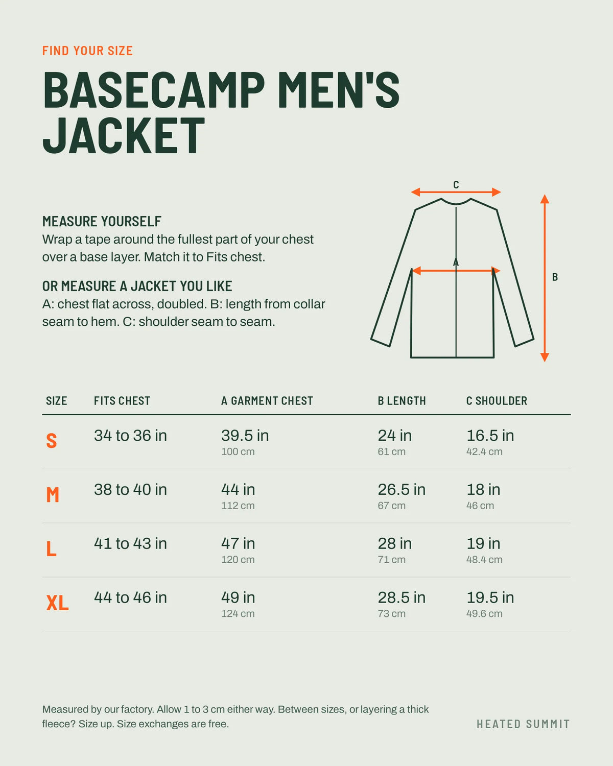 Basecamp men's heated jacket size chart in inches and centimetres