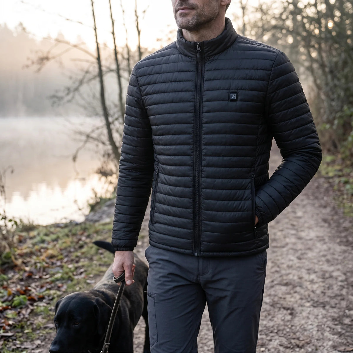 Man walking a black labrador by a misty lake in the Basecamp men's heated jacket