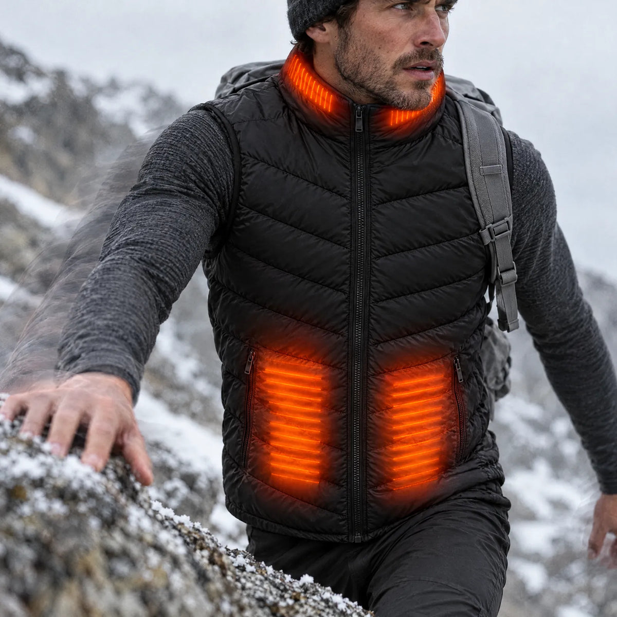 Man scrambling up a granite slab in the Treeline men's heated vest, collar and front zones glowing
