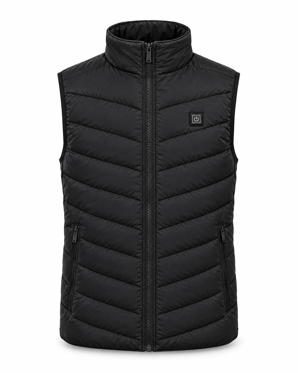 Treeline men's heated vest in black, front view on white