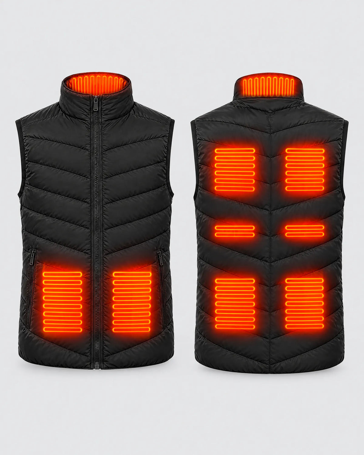 Treeline heated vest heat zones: collar, two front panels and six across the back