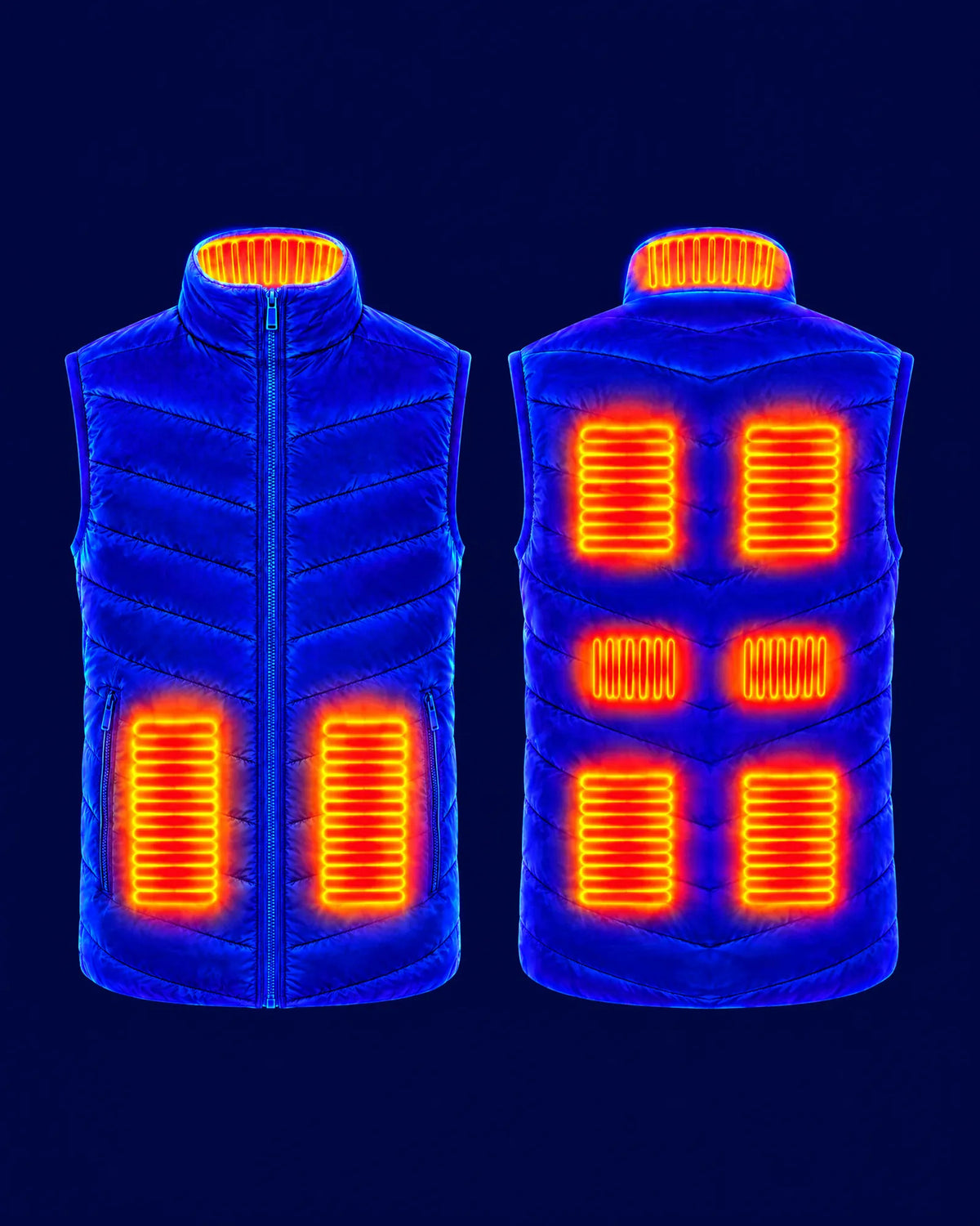 Thermal image of the Treeline vest, front and back, showing all nine heat zones