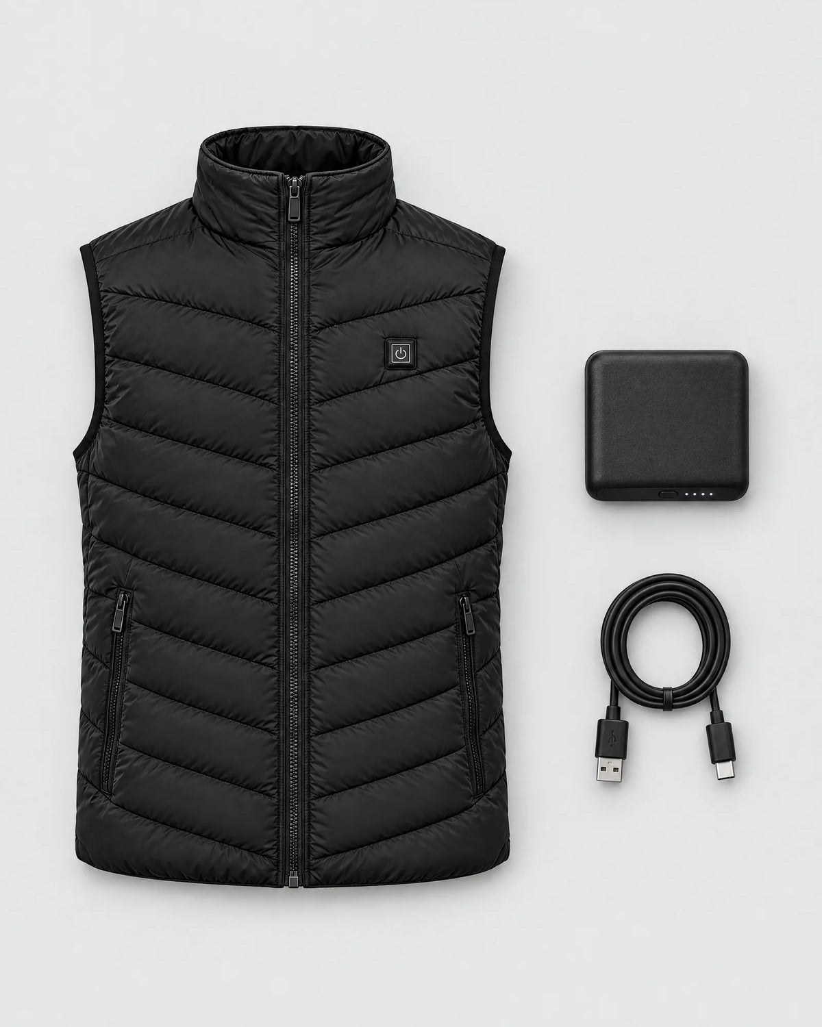 Treeline vest with its 20,000mAh power bank and charging cable
