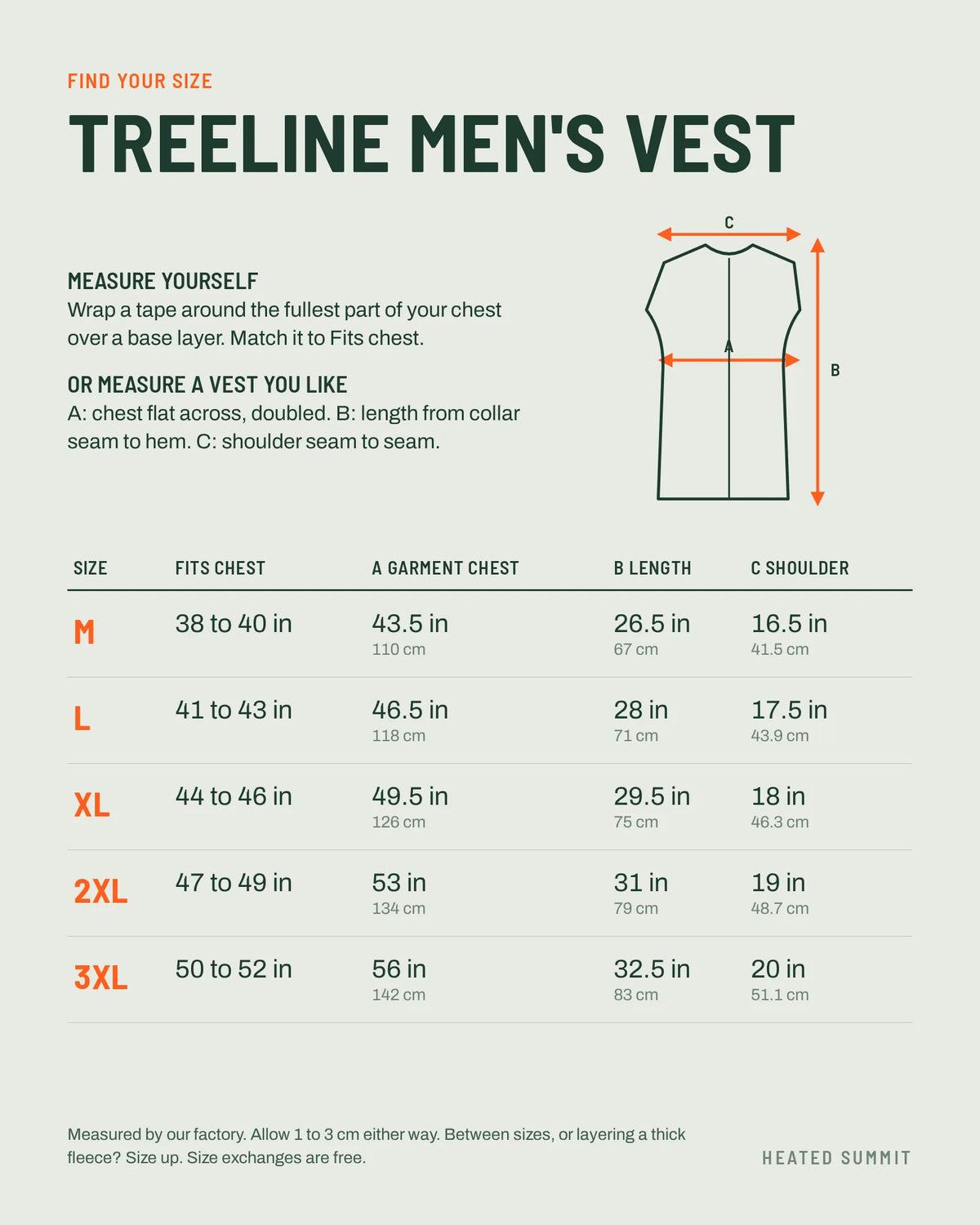 Treeline men's heated vest size chart in inches and centimetres