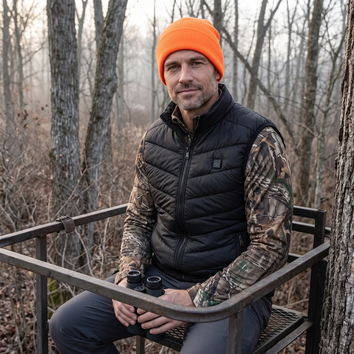 Hunter in a tree stand at dawn wearing the Treeline men's heated vest