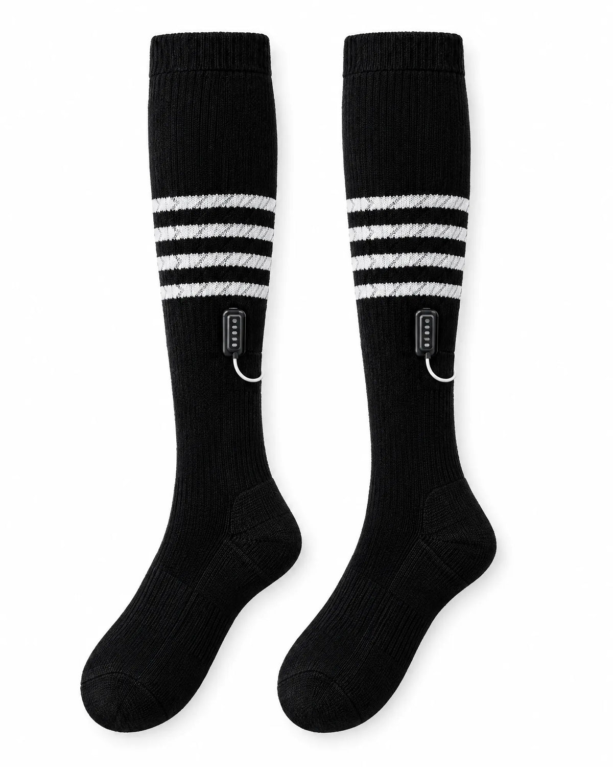 Switchback heated knee-high socks in black with white stripes, on white