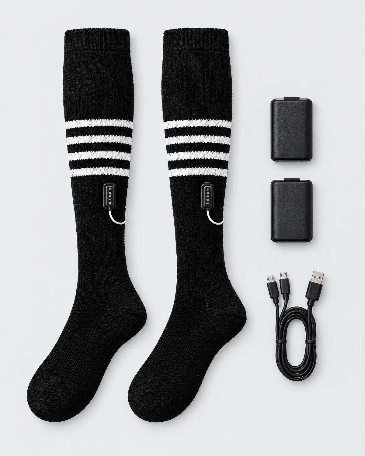 Switchback heated socks with two batteries and the charging cable