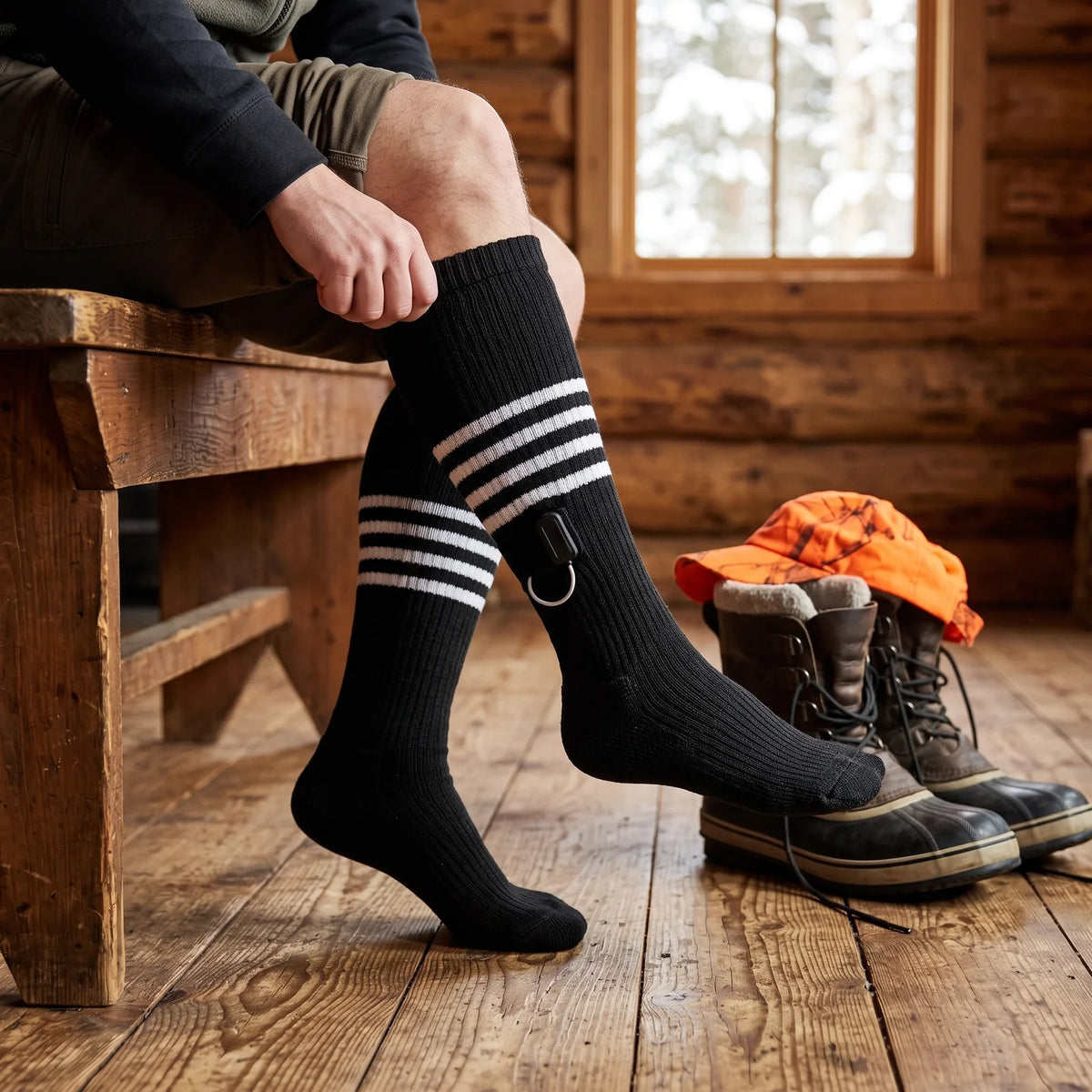Hunter pulling on Switchback heated socks in a cabin before heading out
