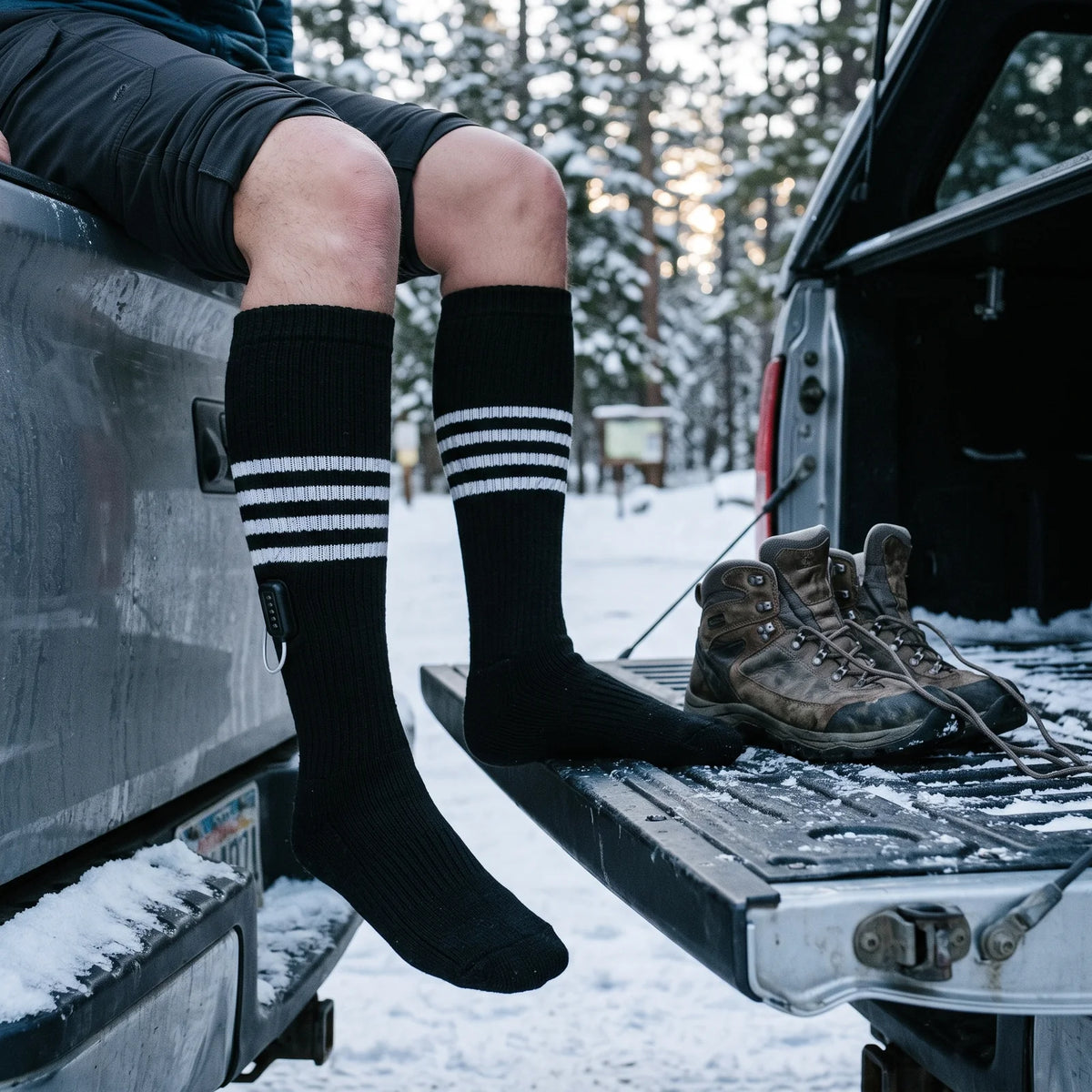 Hiker on a truck tailgate at a snowy trailhead in Switchback heated socks