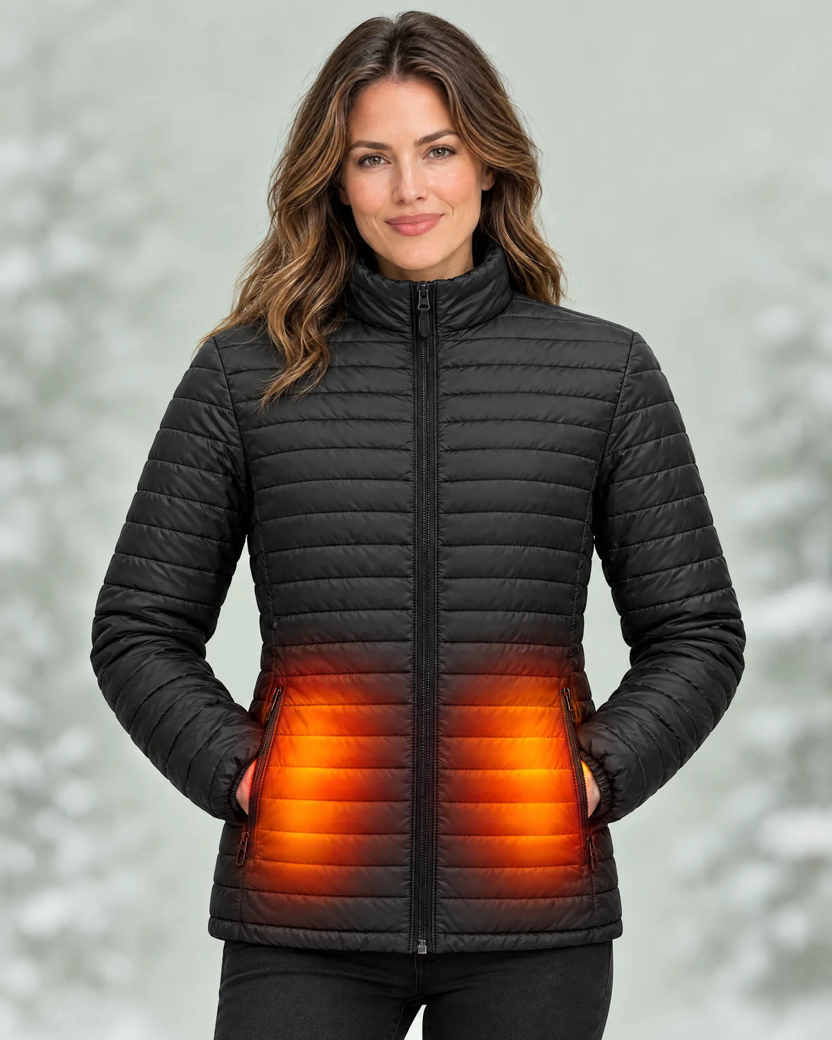 Woman wearing the Basecamp heated jacket with the pocket heat zones switched on