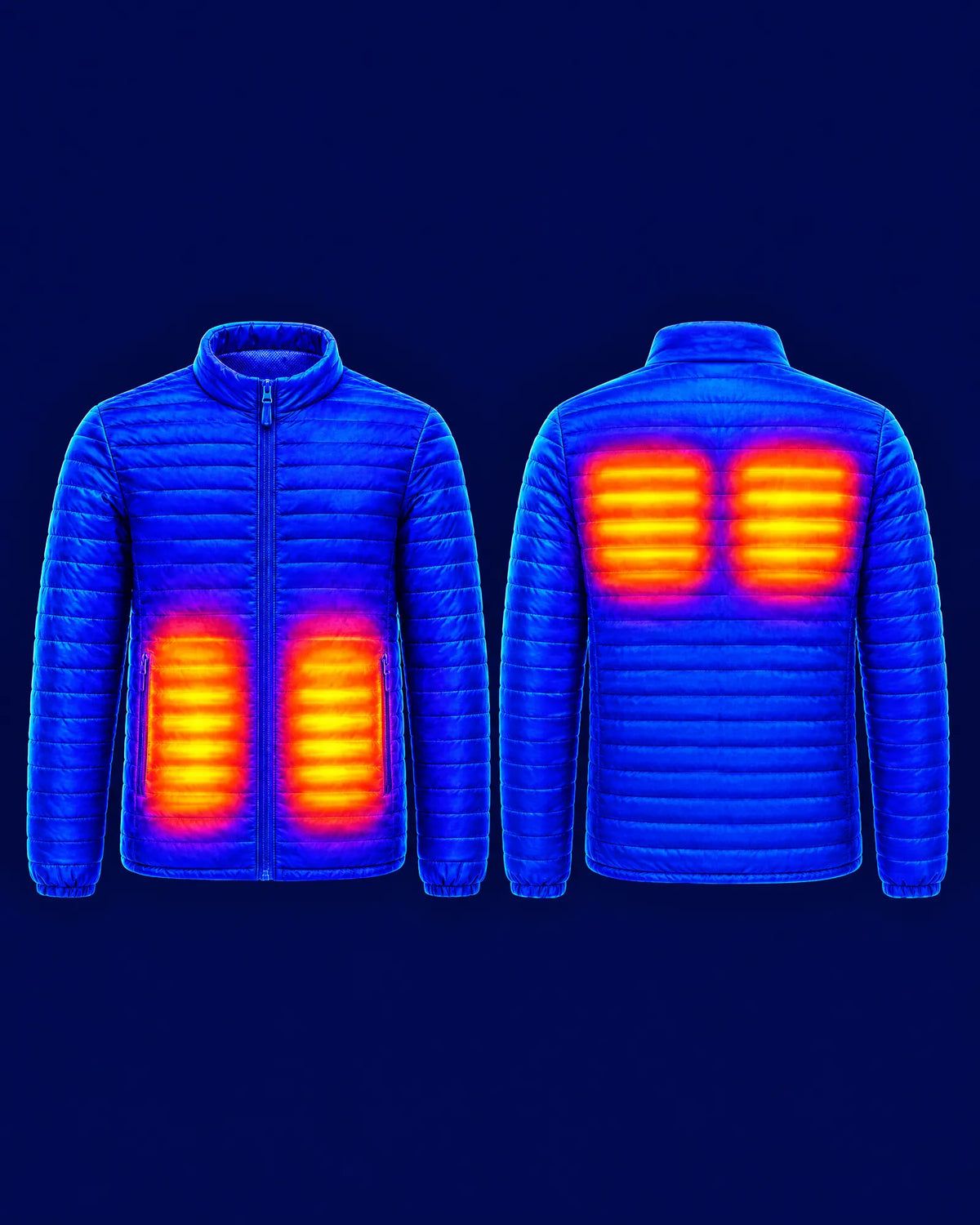 Thermal image of the Basecamp jacket, front and back, showing heat at the pockets and upper back