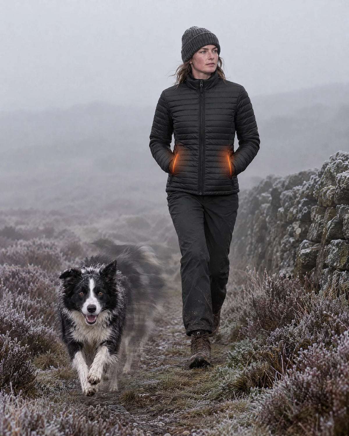 Woman walking a border collie on a foggy moor in the Basecamp heated jacket