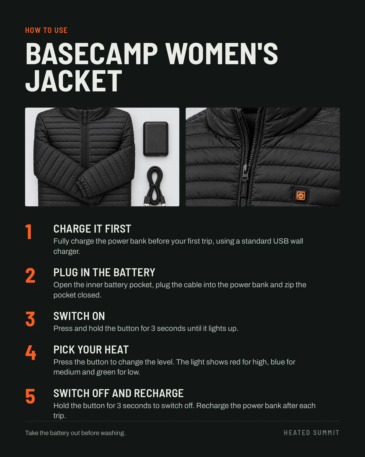 How to use the Basecamp women's heated jacket in five steps