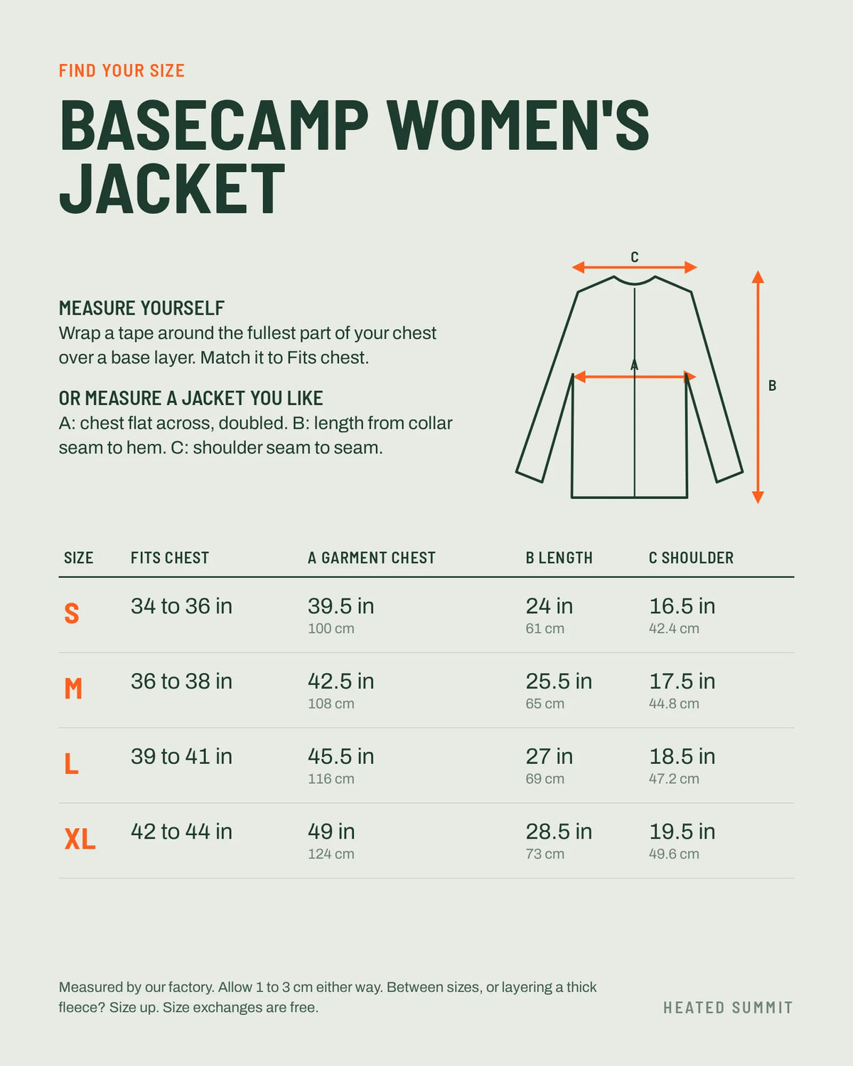 Basecamp women's heated jacket size chart in inches and centimetres