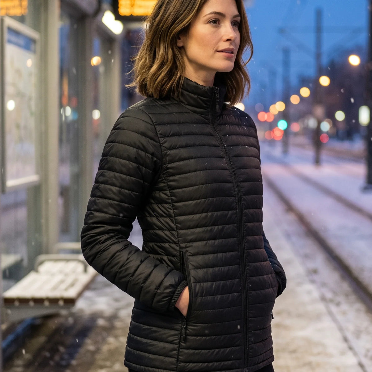 Woman waiting at a snowy tram stop in the Basecamp women's heated jacket