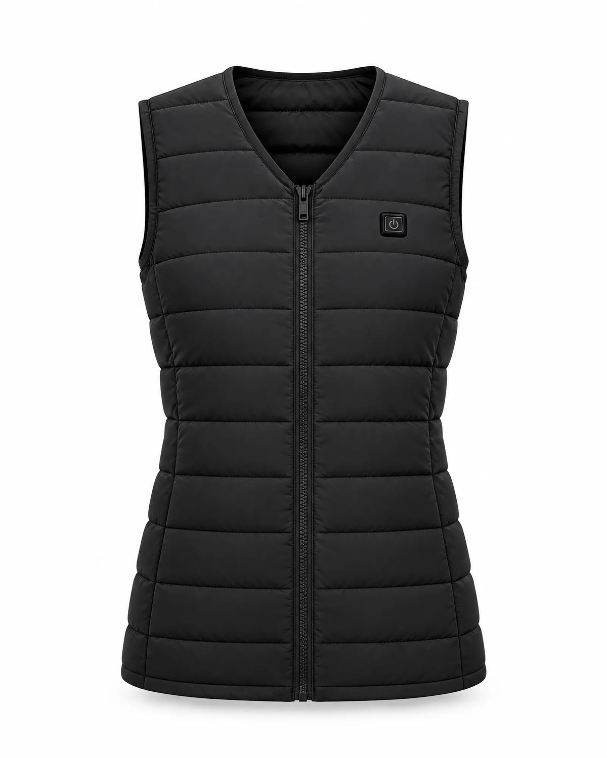 Ridgeline women's heated vest in black, front view on white