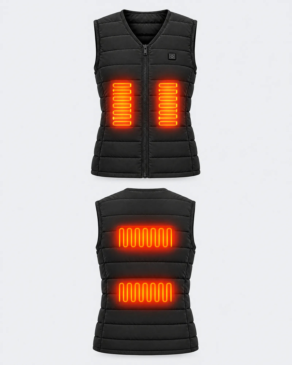 Ridgeline heated vest heat zones: two panels on the front core and two across the back