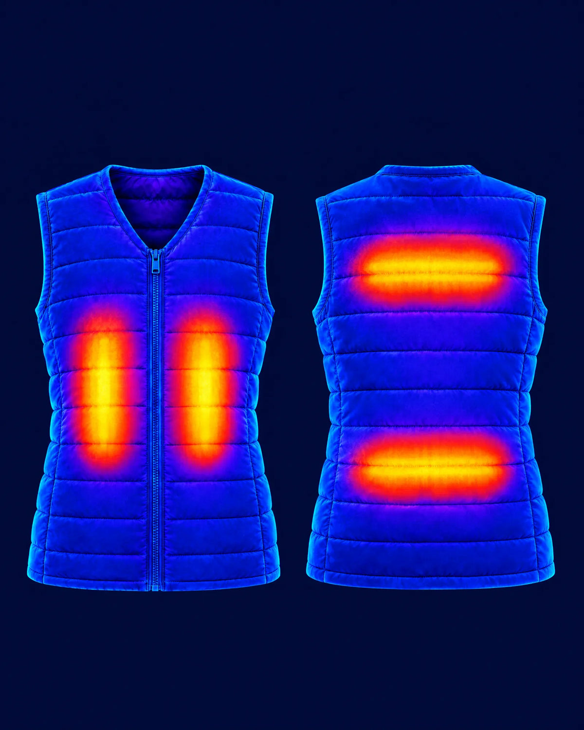 Thermal image of the Ridgeline vest, front and back, showing its four heat zones