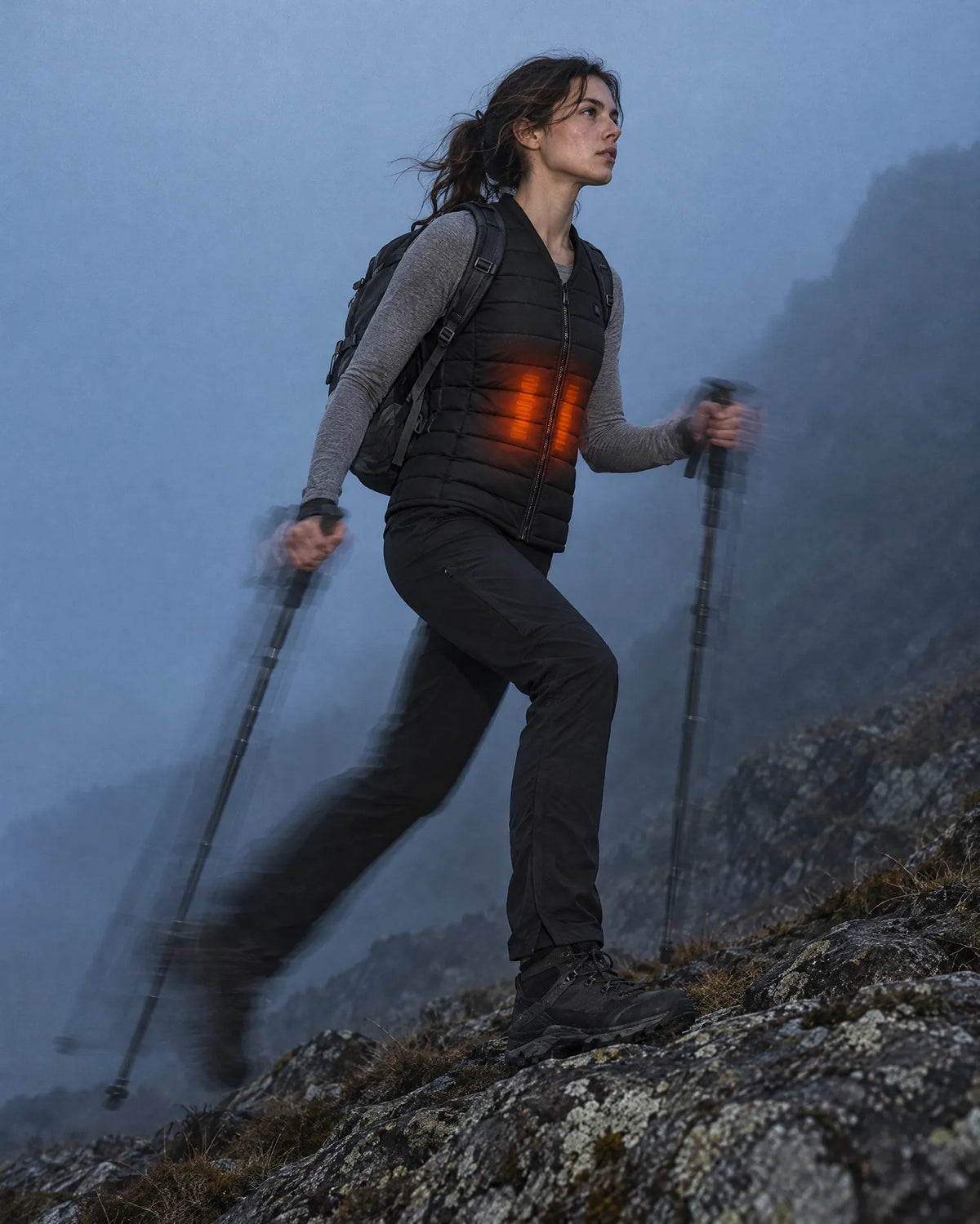 Hiker on a foggy alpine ridge wearing the Ridgeline heated vest with trekking poles