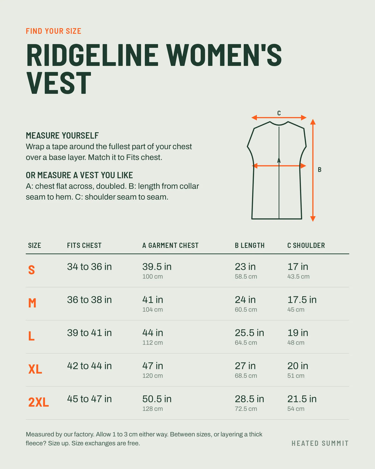 Ridgeline women's heated vest size chart in inches and centimetres