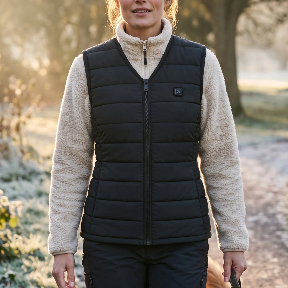 Woman walking her dog on a frosty morning in the Ridgeline heated vest
